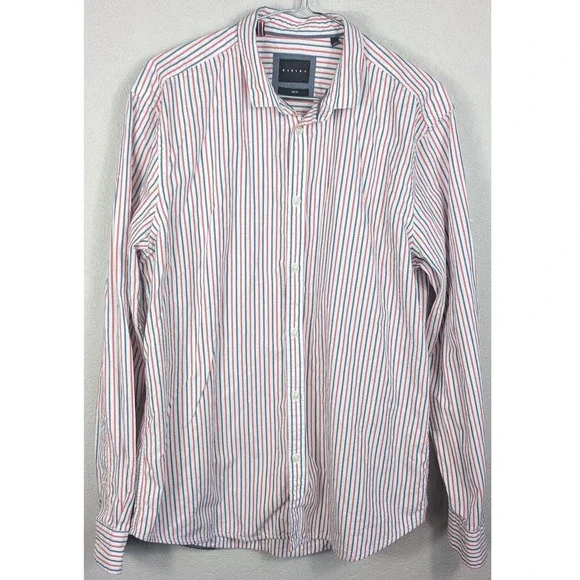 SISLEY Mens Slim Fit Red Blue Striped Button Down Long Sleeve Shirt Size 16 1/2 - Picture 2 of 8